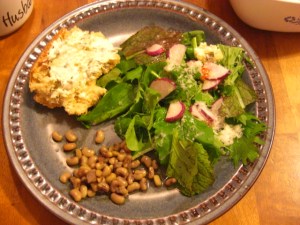 10-14supper field peas, beer bread with radish-green artichoke dip, and racy salad