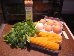 cilantro, salad dressing, eggs, popping corn, cob